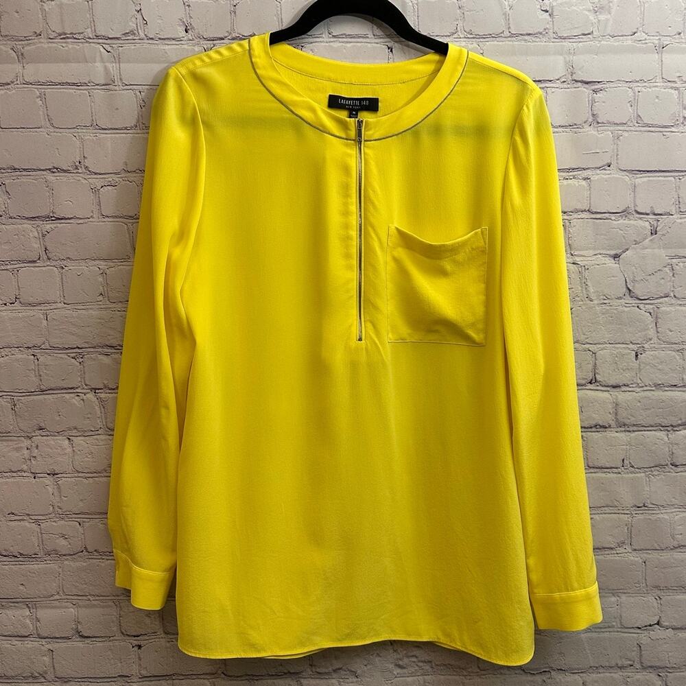 Lafayette 148 New York Yellow Silk Blouse Quarter Zip Neckline Women's Medium